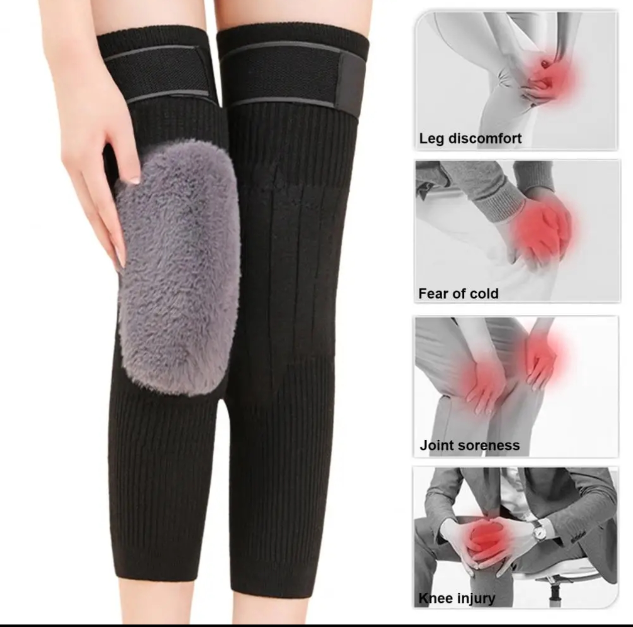 2 PCS Non-Slip Cashmere Wool Knee Pads Leg Warmer with Strap Adjustable for Men & Women